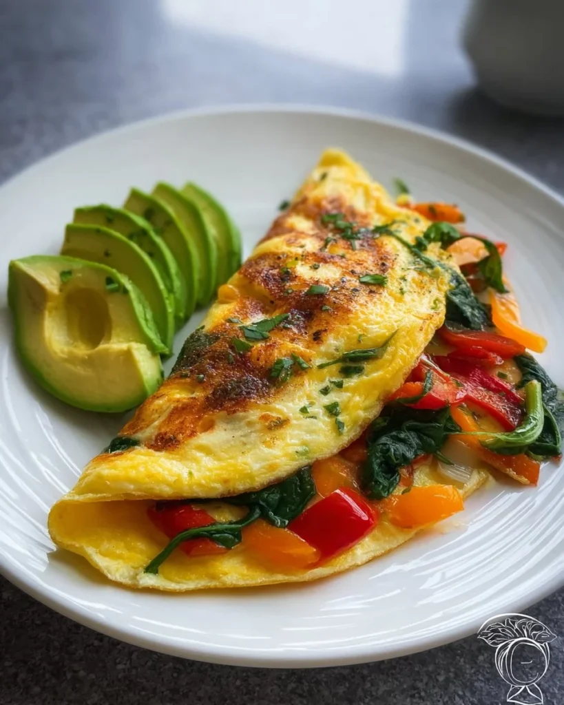 Veggie-Packed Omelette topped with sliced avocado on a plate
