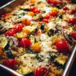 Veggie packed quinoa casserole served in a baking dish with colorful vegetables