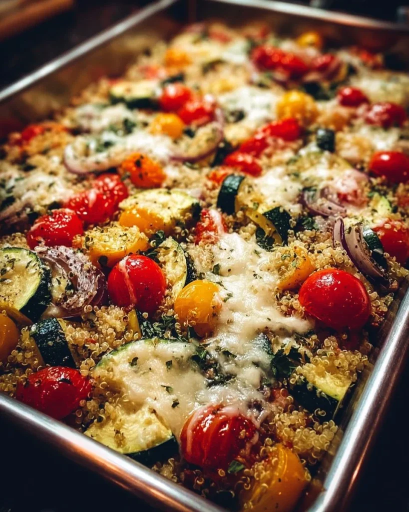 Veggie packed quinoa casserole served in a baking dish with colorful vegetables