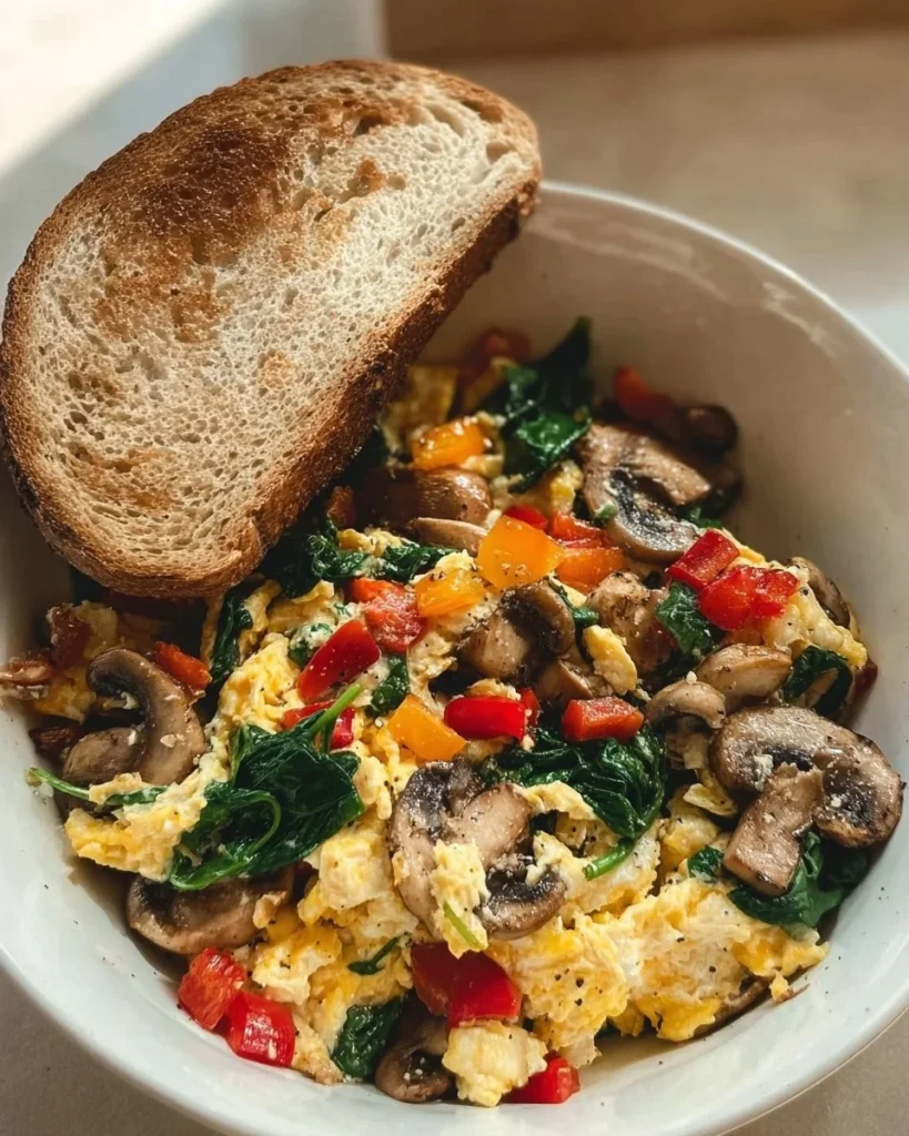 Delicious veggie scramble served with toasted sourdough bread