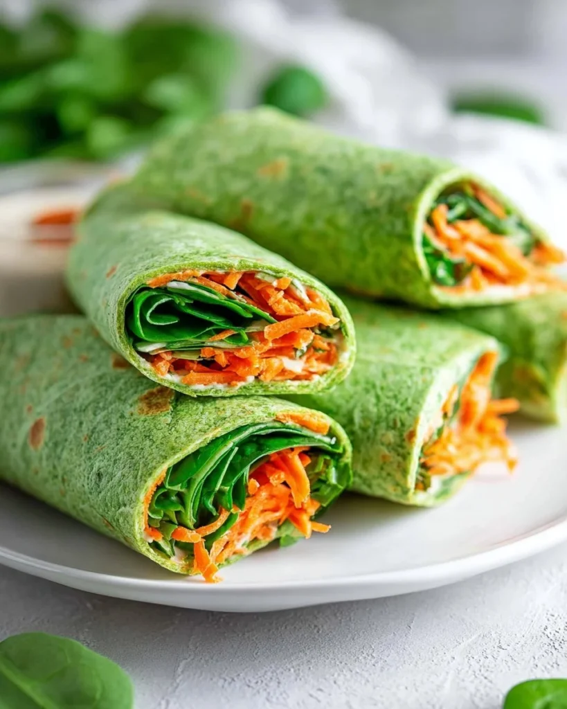 Veggie spinach wraps filled with hummus and fresh vegetables