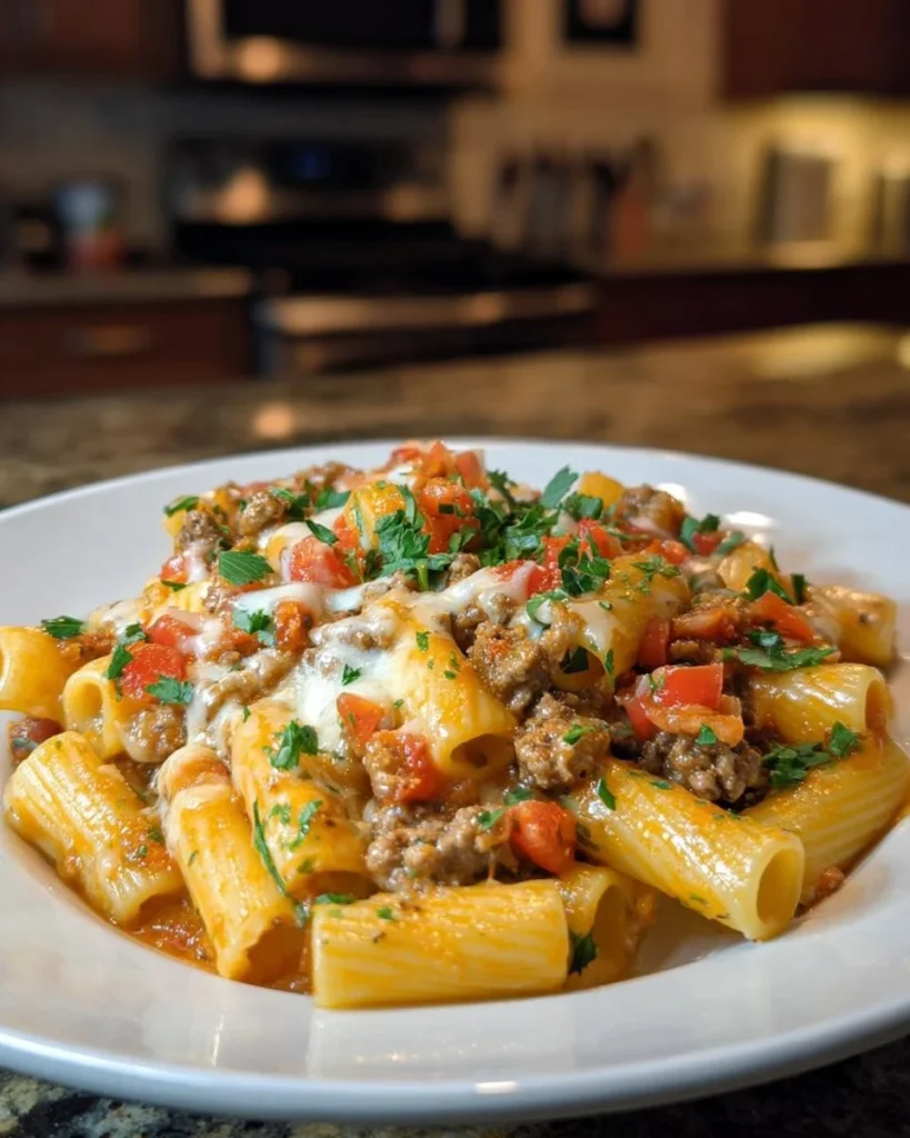 Creamy Velveeta Beef Rigatoni Pasta topped with a cheesy cream sauce