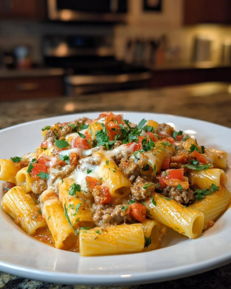 Creamy Velveeta Beef Rigatoni Pasta topped with a cheesy cream sauce