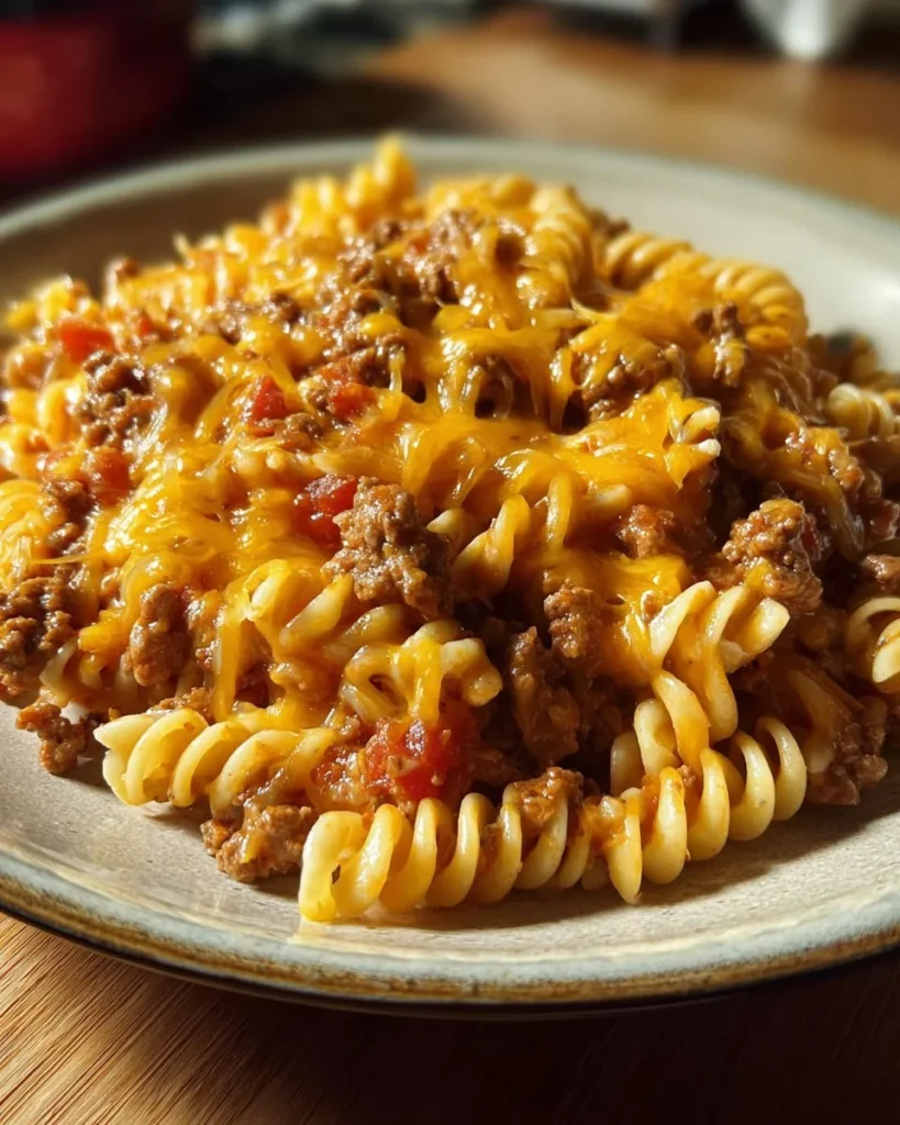 Creamy Velveeta beef rotini pasta dish topped with cheesy cream sauce