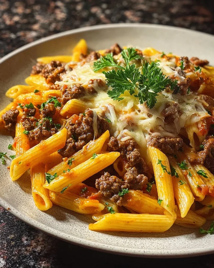 Velveeta cheesy beef skillet with steak and penne pasta in a serving dish.