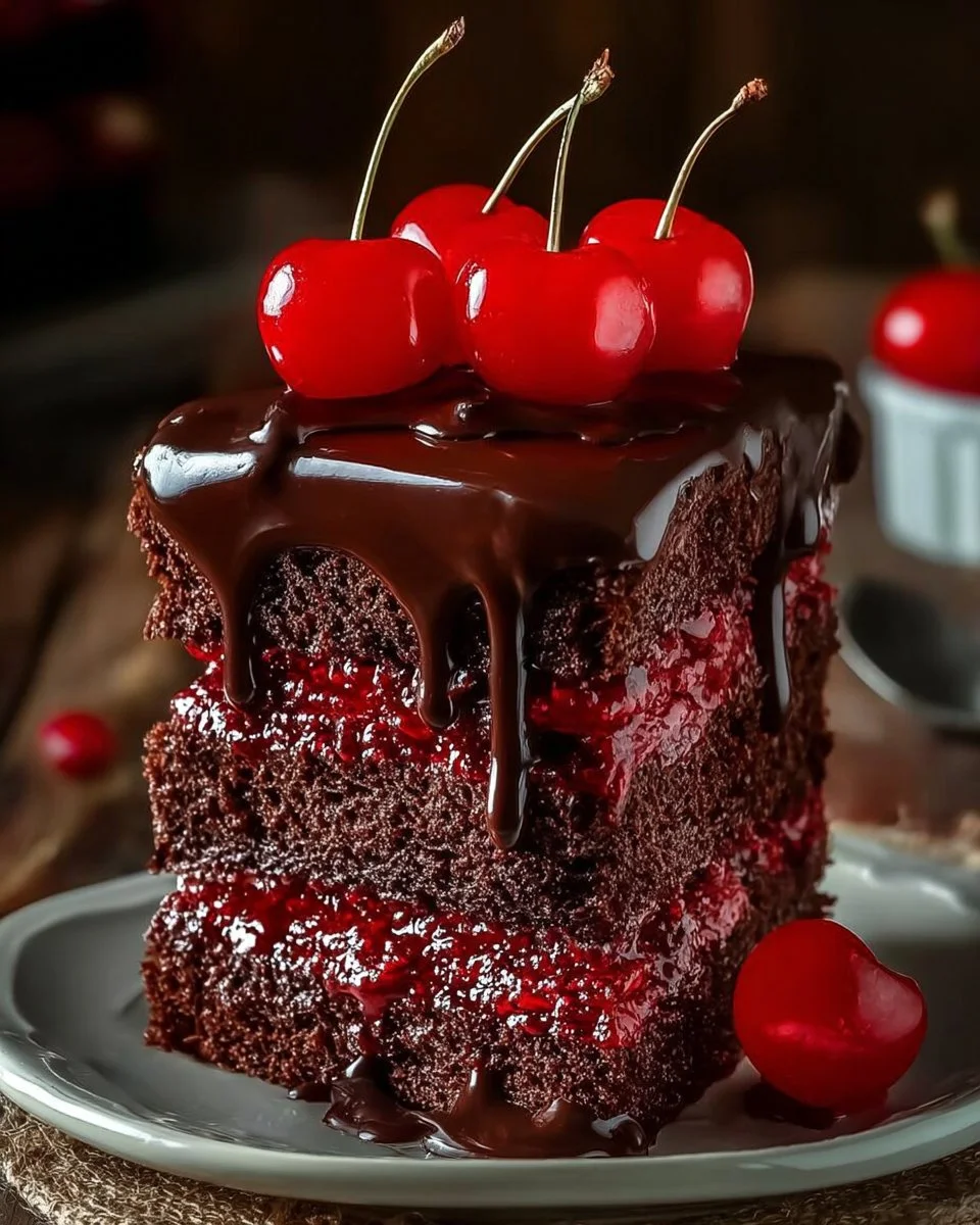 Velvet Choco Cherry Cake topped with cherries and chocolate drizzle