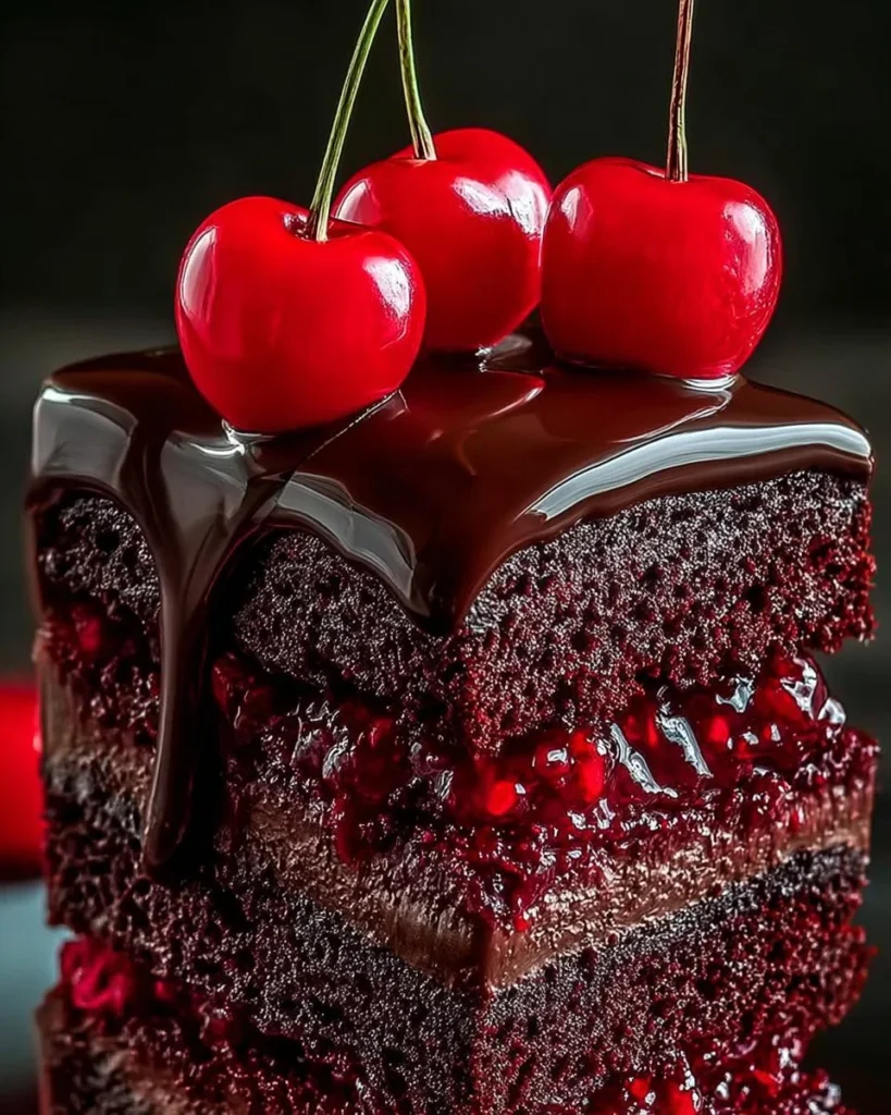 Delicious Velvet Choco Cherry Cake topped with cherries and chocolate frosting.