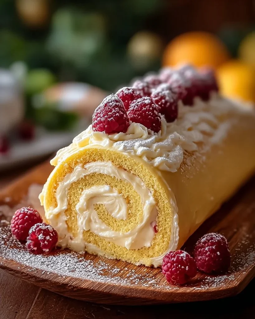 Velvet Lemon Cream Roll Cake filled with zesty lemon cream and topped with delicate frosting.