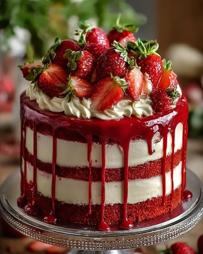 Delicious Velvet Strawberry Cheesecake topped with fresh strawberries