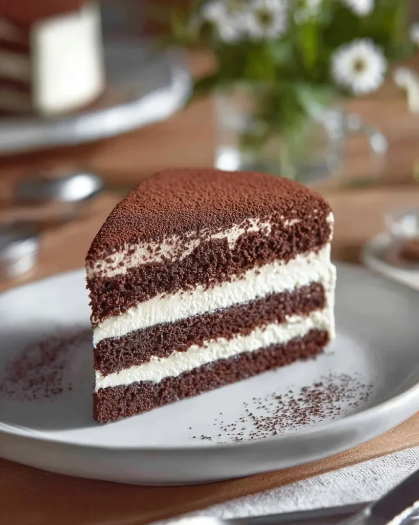 Velvety chocolate cream cake topped with rich icing and chocolate shavings.