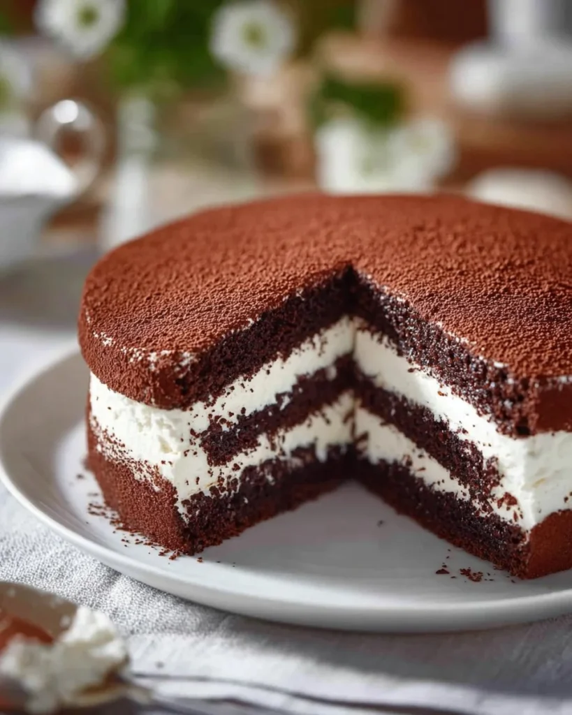 Velvety Chocolate Cream Dream Cake topped with luscious chocolate frosting