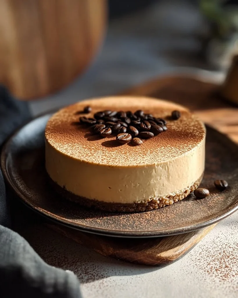 Delicious velvety coffee caramel cheesecake topped with caramel drizzle.