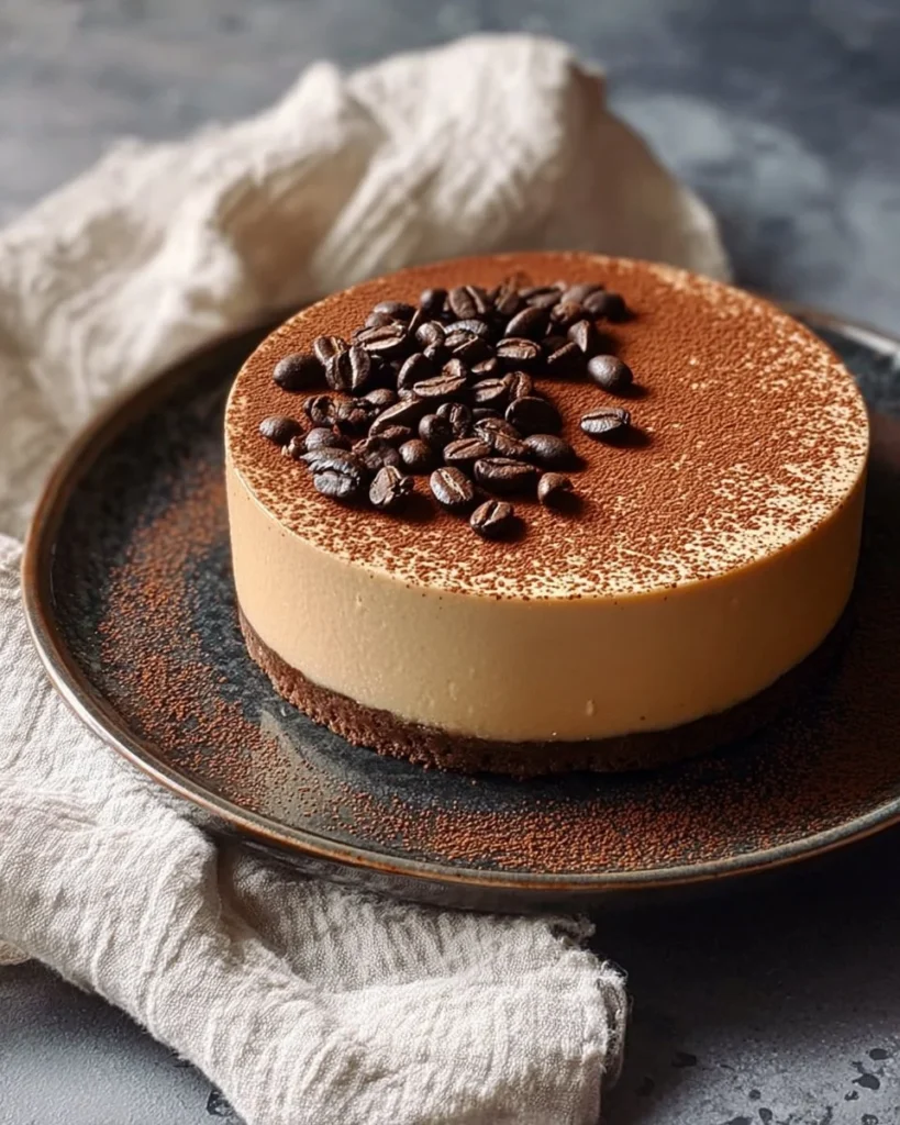 Delicious slice of velvety coffee caramel cheesecake topped with caramel drizzle