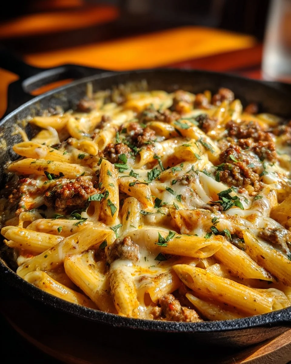 Creamy beef and garlic penne pasta served in a bowl, garnished with herbs.