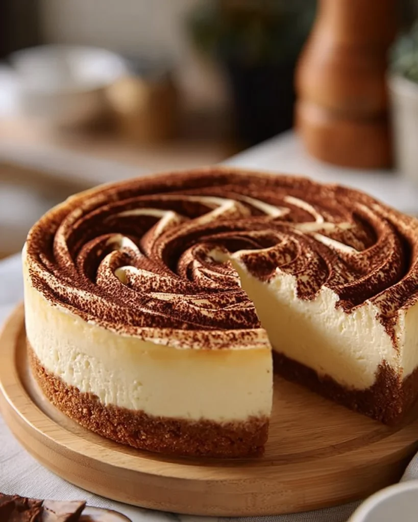 Delicious Tiramisu Cheesecake served on a plate, topped with cocoa powder.