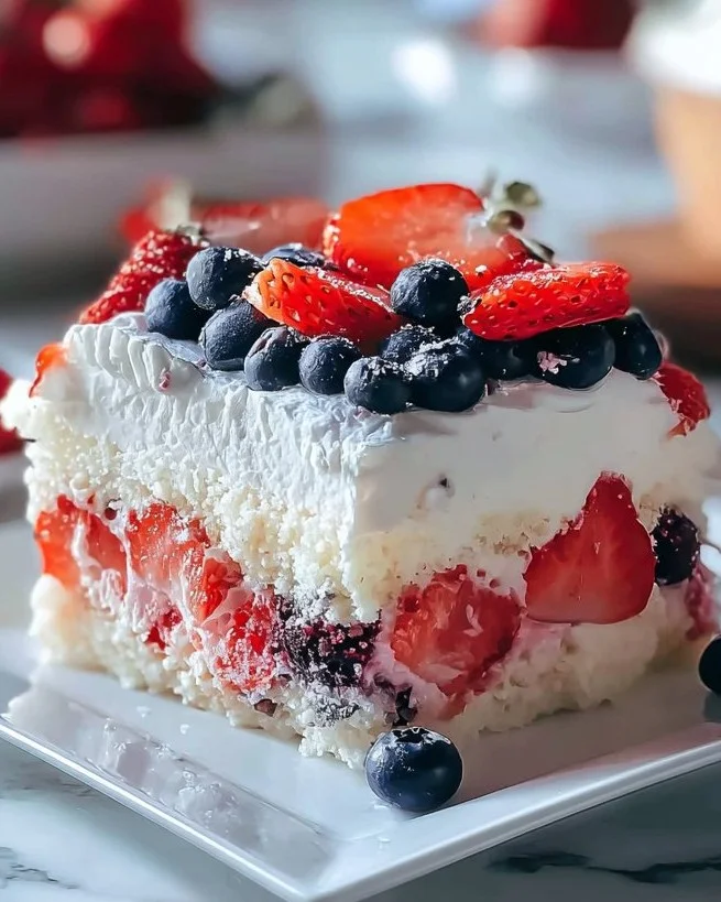 Very Berry Dessert Lasagna with layers of cream and fresh berries