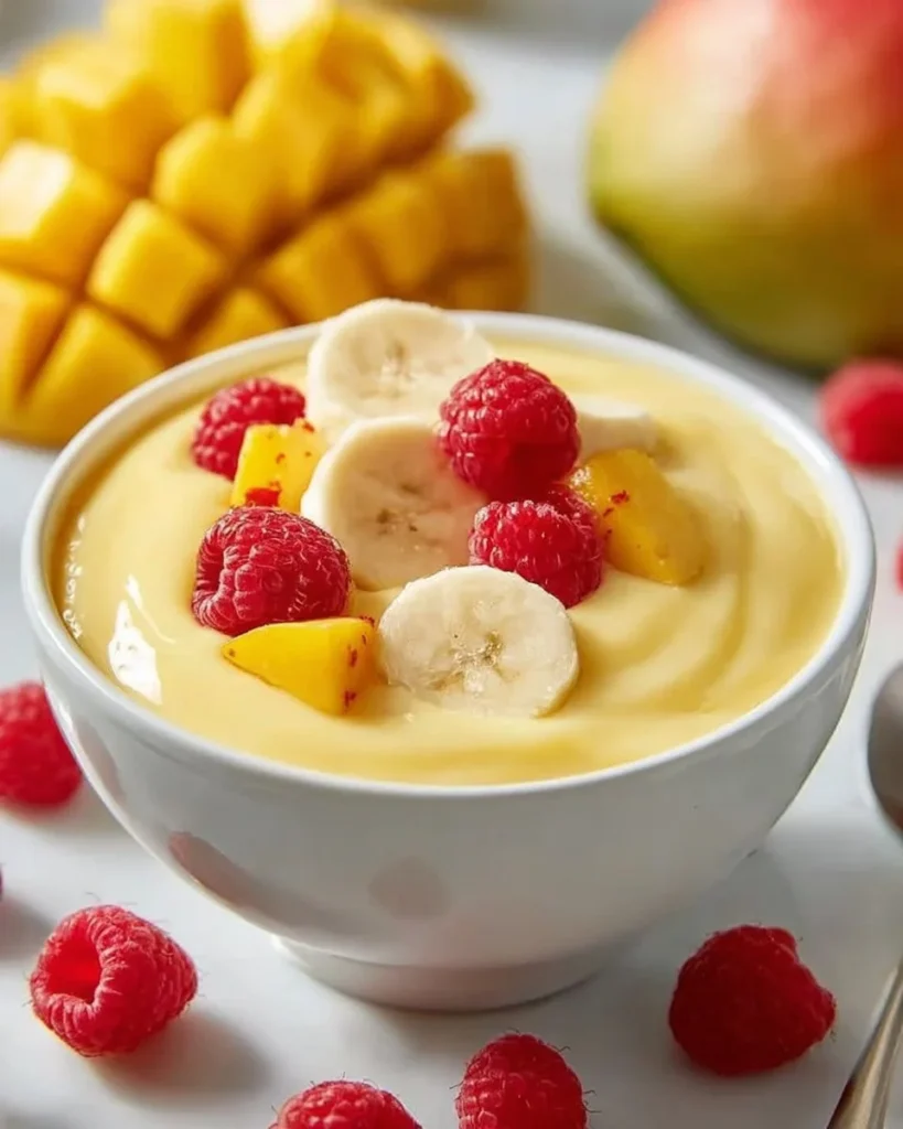 Vibrant mango smoothie bowl topped with fresh fruits and nuts