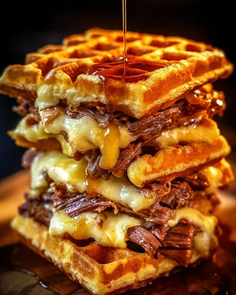 Waffle grilled cheese with bourbon-maple brisket served on a plate.