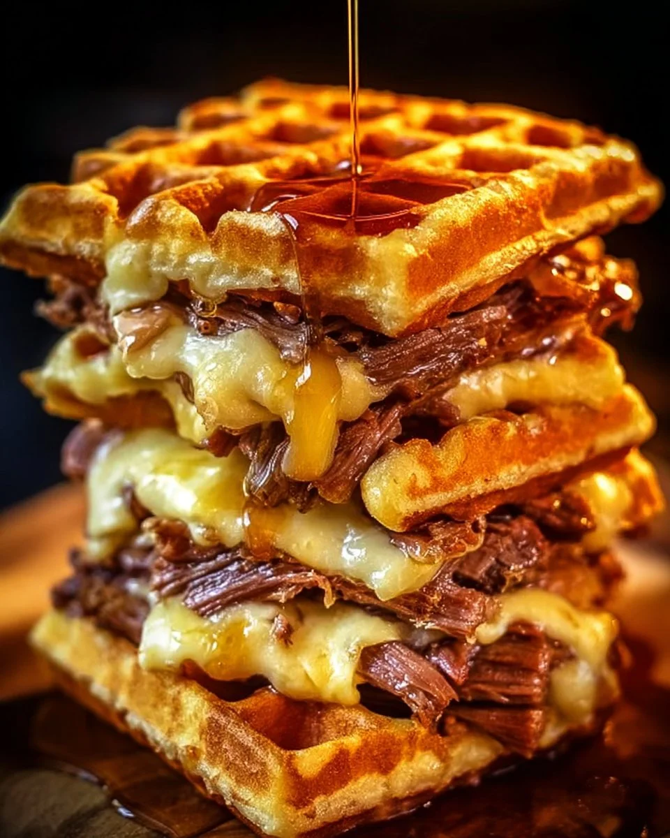 Waffle grilled cheese with bourbon-maple brisket served on a plate.