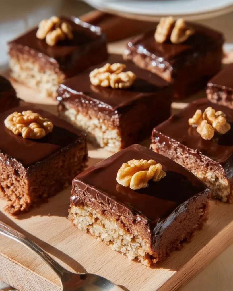 Delicious walnut cake from the sheet served on a plate with nuts on top.