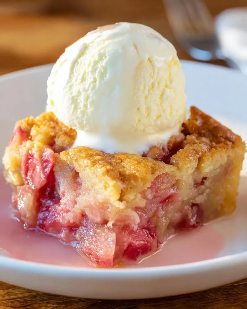 Warm rhubarb pudding cake with a golden buttery crust and tart syrup drizzled on top.