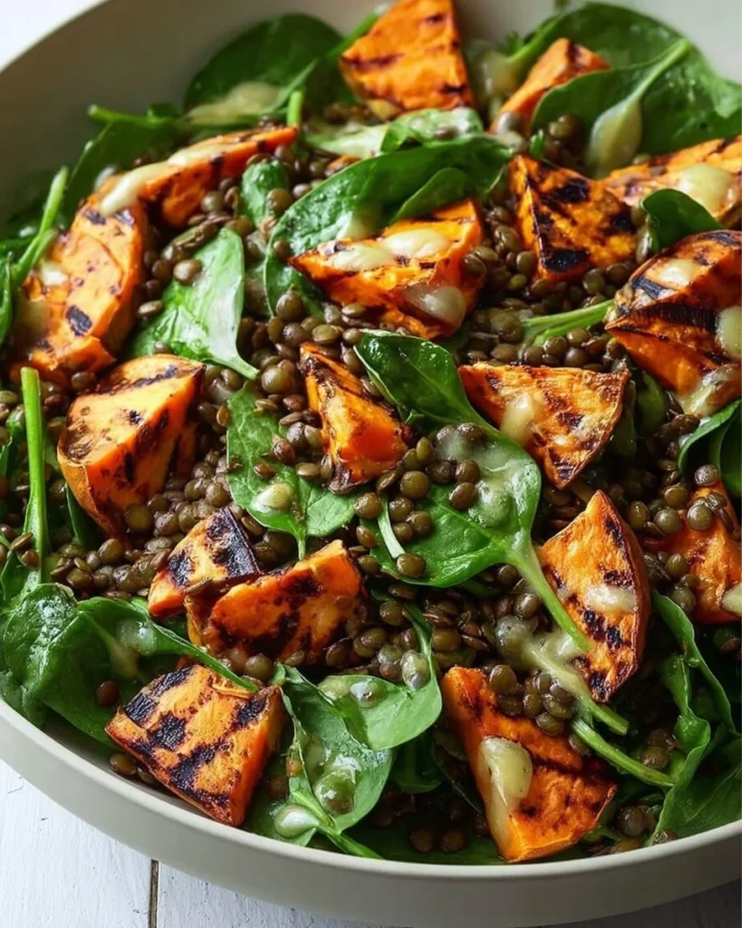 Warm Sweet Potato and Spinach Lentil Salad with vibrant colors and healthy ingredients.