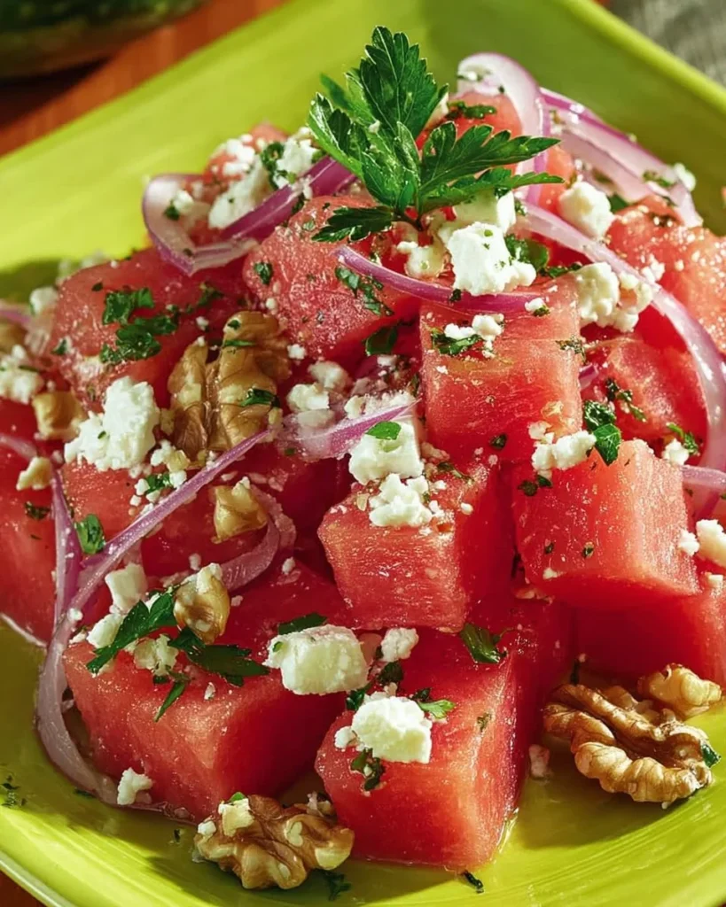 Delicious Watermelon Feta Walnut Salad in a bowl with fresh herbs.