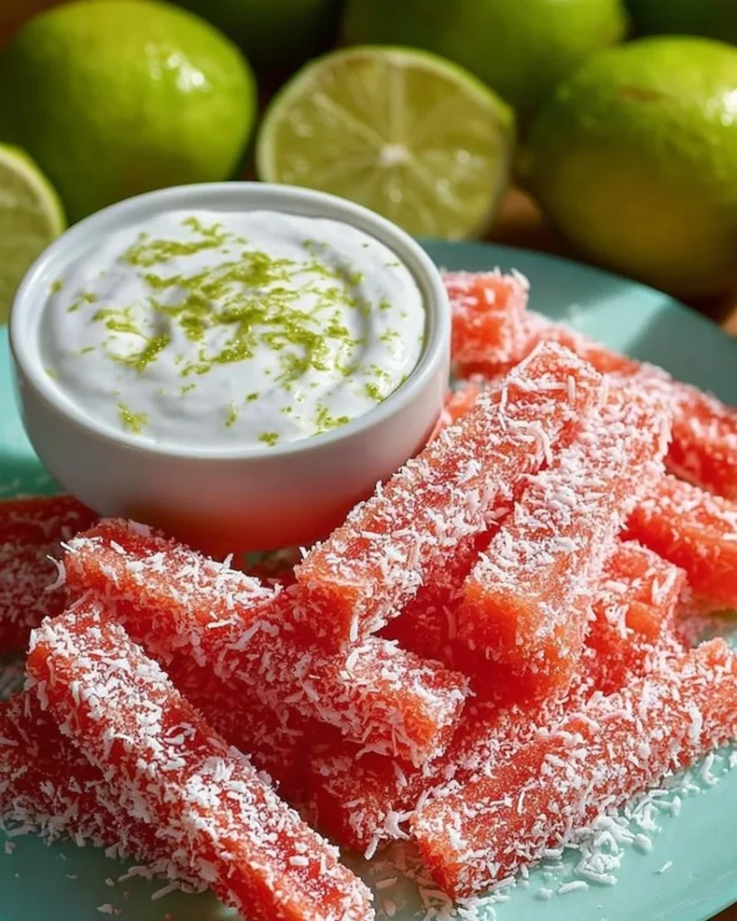Watermelon fries served with a coconut lime dip on a plate