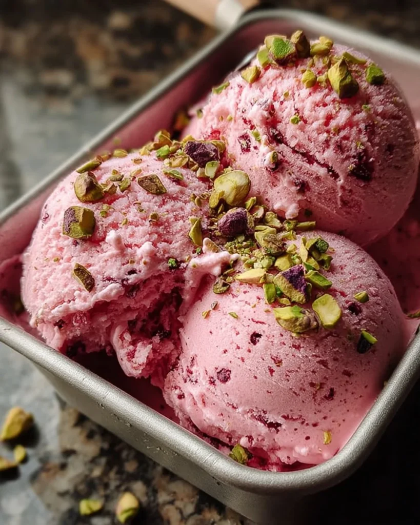 Refreshing watermelon pistachio ice cream served in a bowl