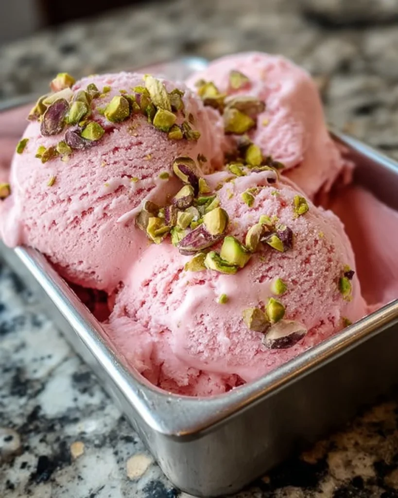 Refreshing watermelon pistachio ice cream with colorful toppings in a bowl.