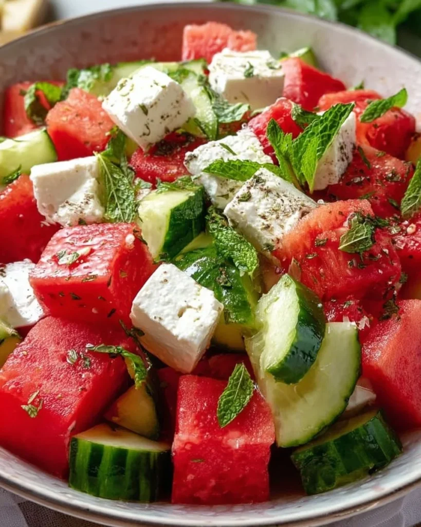 Refreshing watermelon salad with cucumber and feta cheese