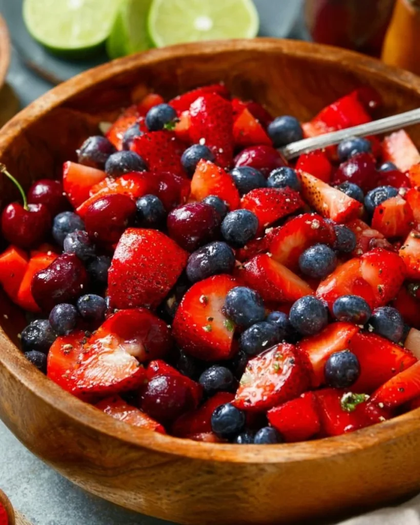 A vibrant Watermelon Summer Berry Salad with assorted berries and mint