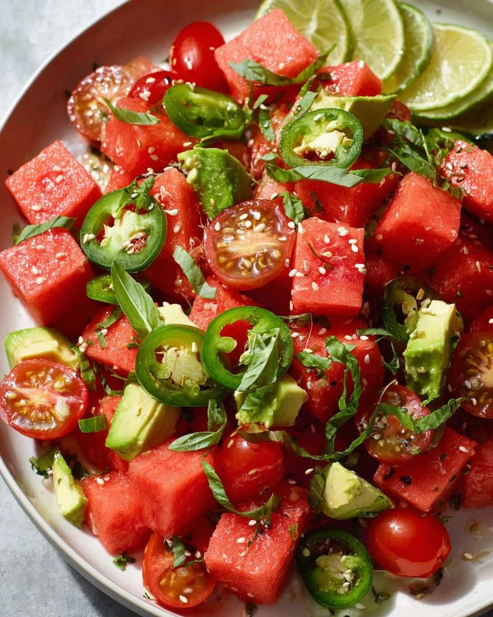 Watermelon Tomato and Jalapeno Salad in a bowl, vibrant summer dish.