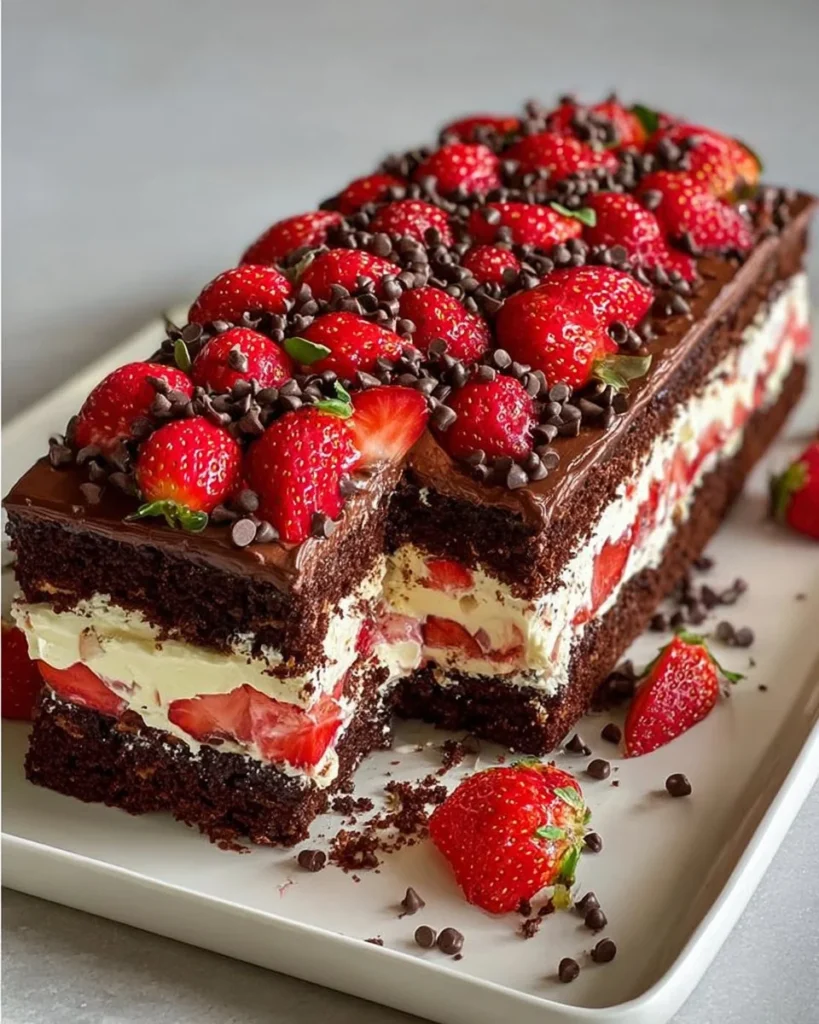 Wet chocolate cake with strawberry filling, beautifully decorated and sliced.