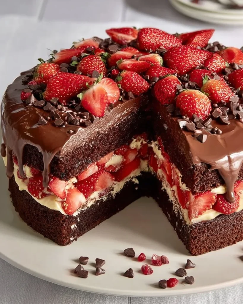 Delicious wet chocolate cake filled with fresh strawberries