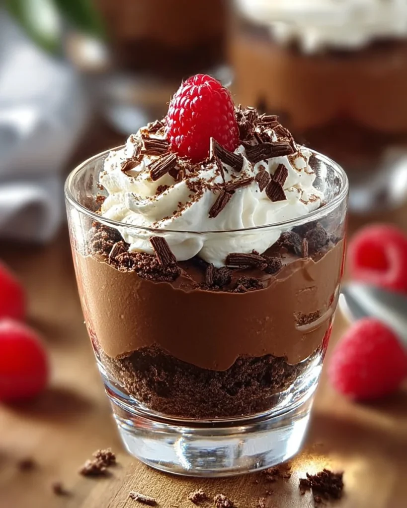 Whipped chocolate cheesecake parfaits in serving glasses with chocolate drizzle.