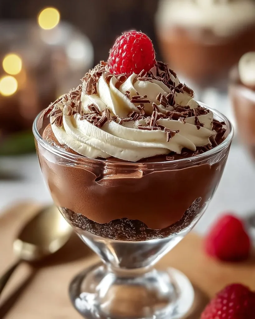 Delicious whipped chocolate cheesecake parfaits in elegant dessert cups.