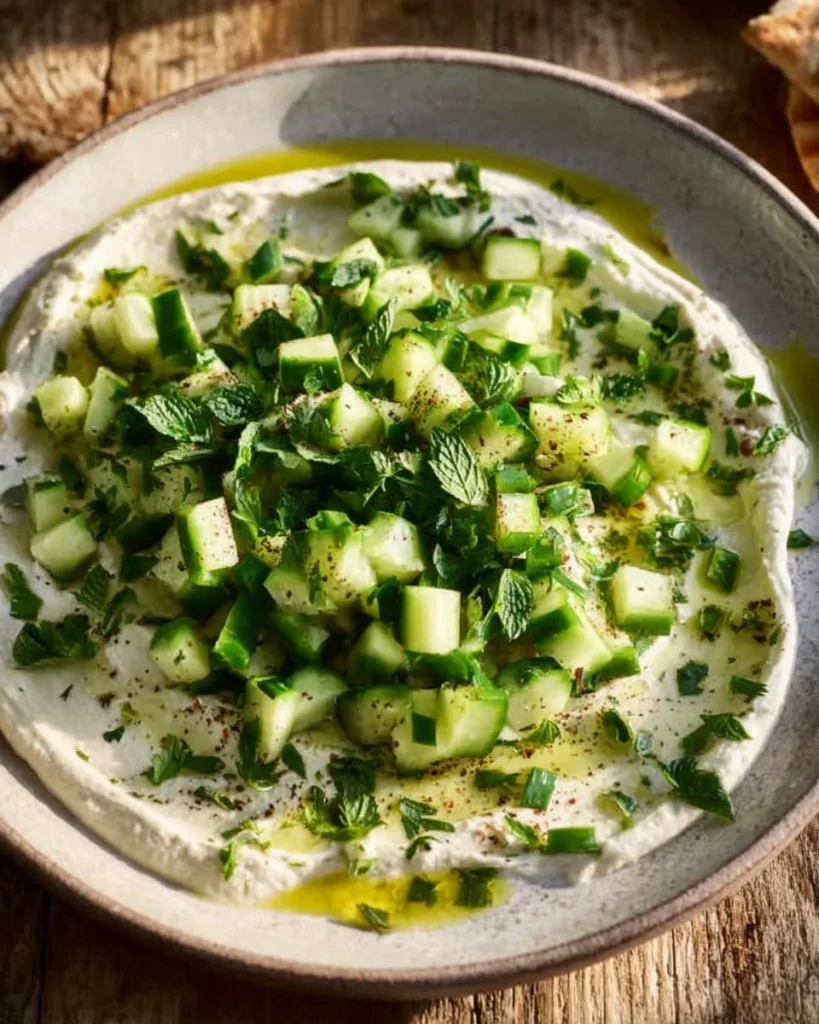 Whipped feta dip served with a fresh cucumber salad on a plate.