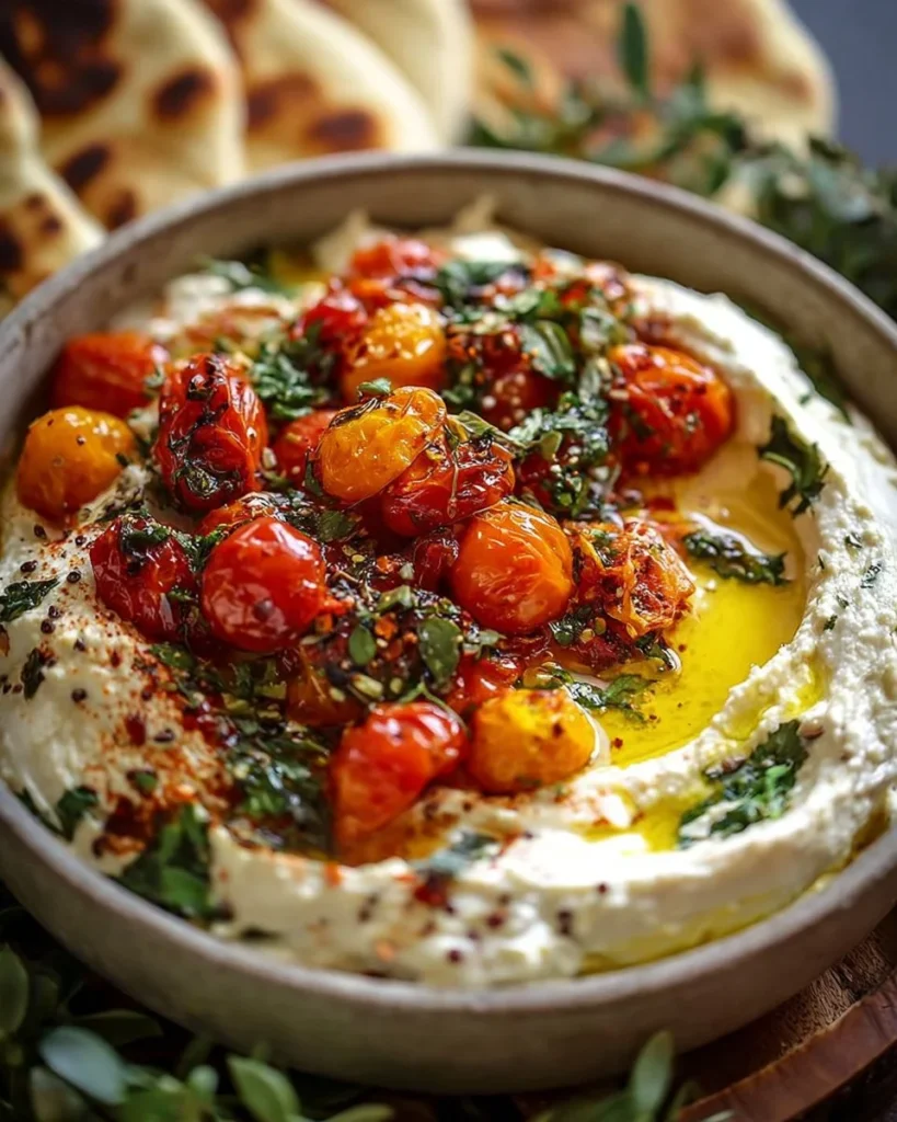 Whipped feta topped with roasted cherry tomatoes and chickpeas