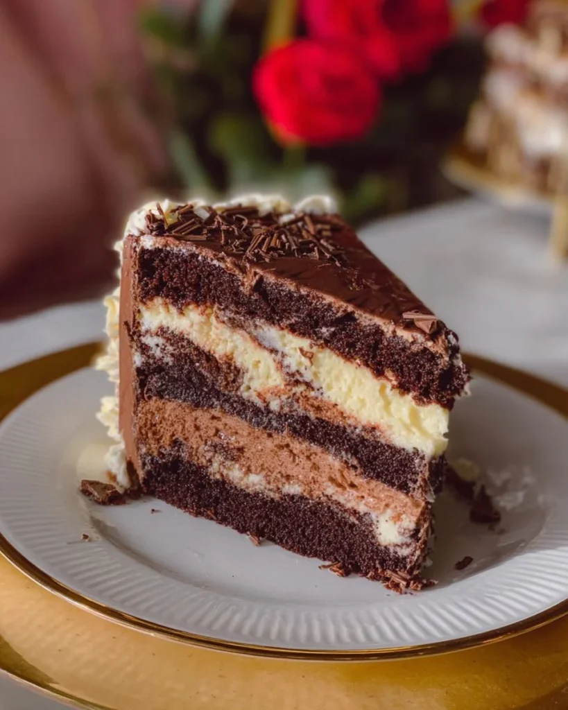 Delicious white and dark chocolate layer cake with rich frosting and decoration