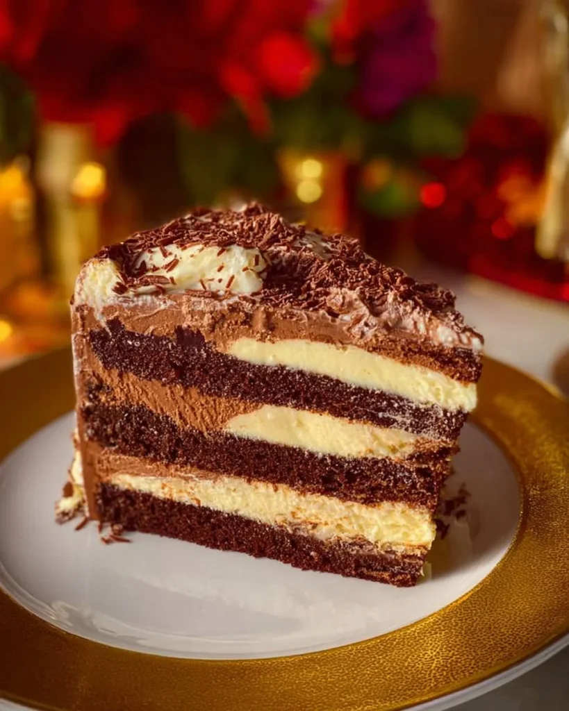 White and Dark Chocolate Layer Cake with rich chocolate layers and frosting