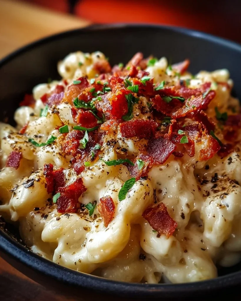 Delicious White Cheddar Bacon Mac and Cheese served in a bowl