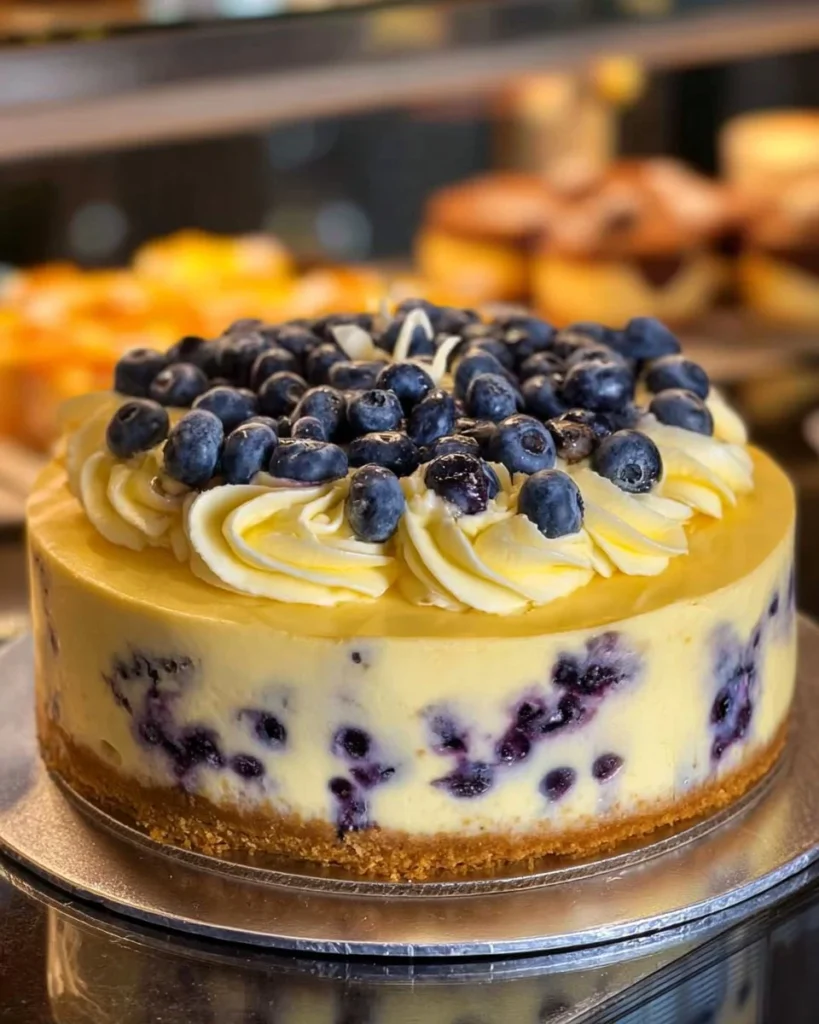 Delicious slice of white chocolate and blueberry cheesecake on a plate.