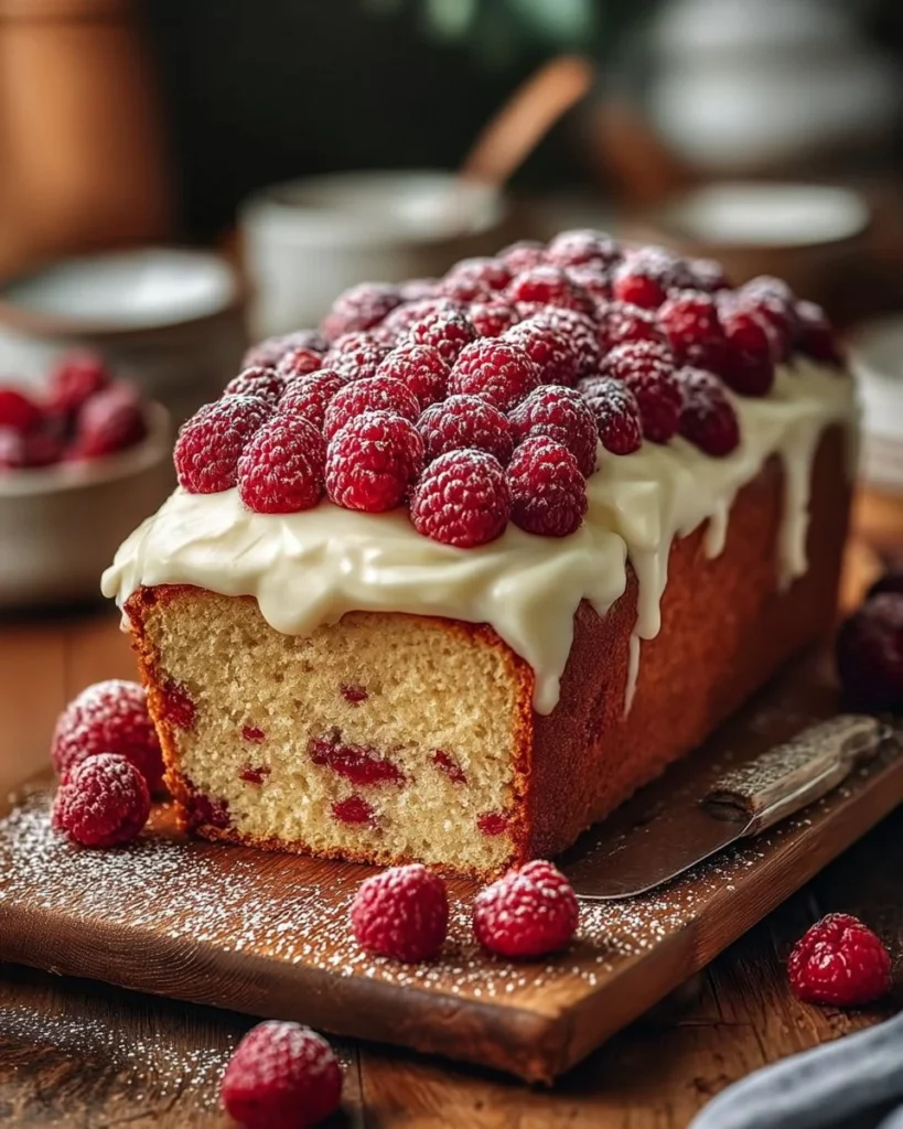 Delicious slice of White Chocolate Raspberry Loaf Cake with fresh raspberries