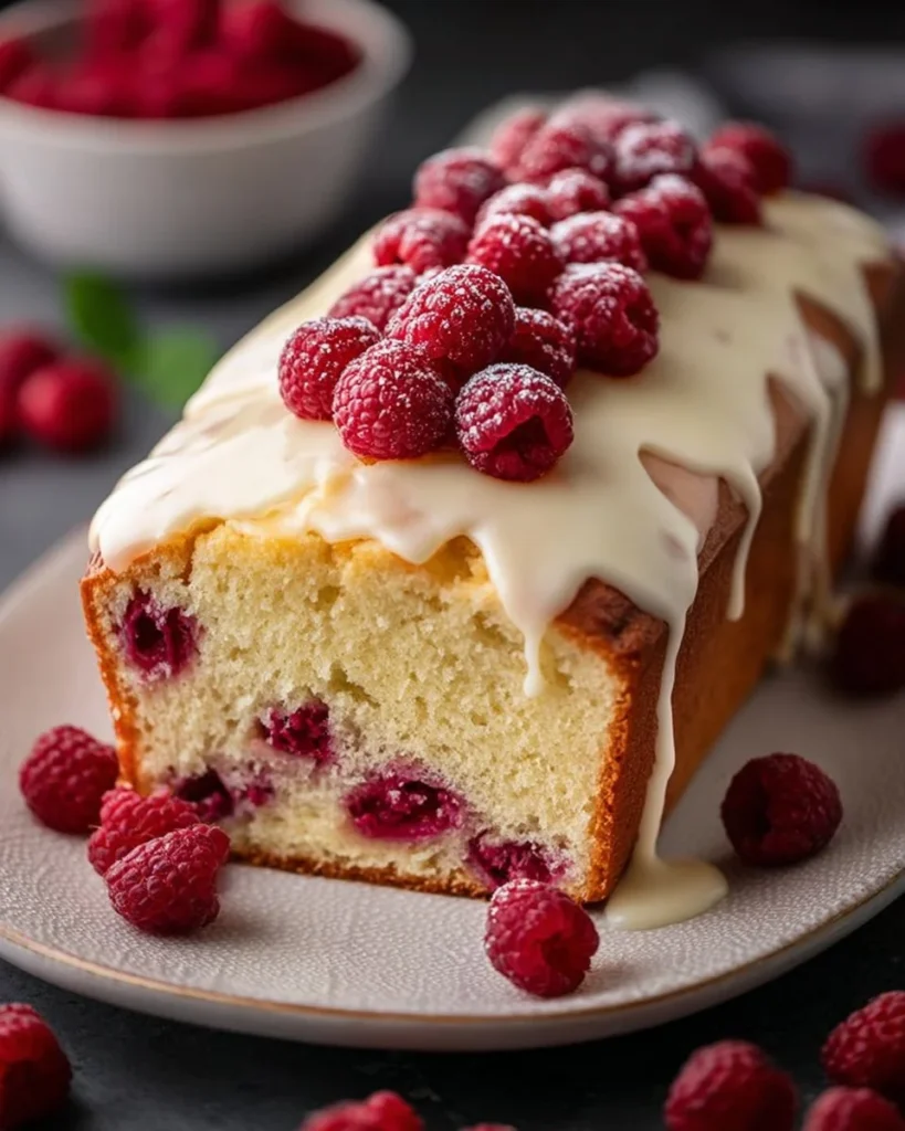 Slices of white chocolate raspberry loaf cake on a wooden table