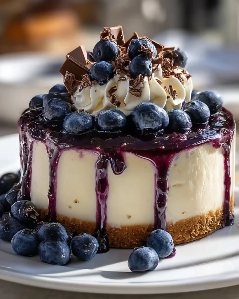 Delicious white chocolate blueberry cheesecake topped with fresh blueberries.