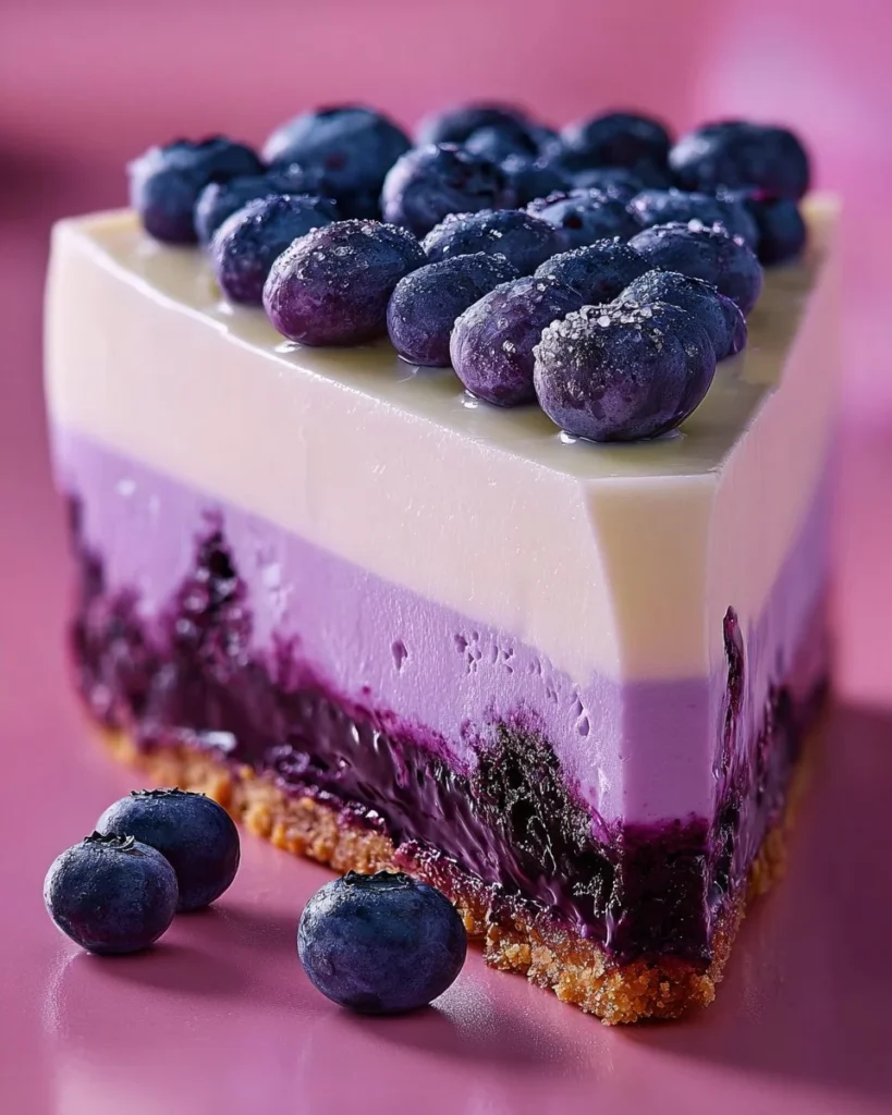 Slice of white chocolate blueberry cheesecake topped with fresh blueberries