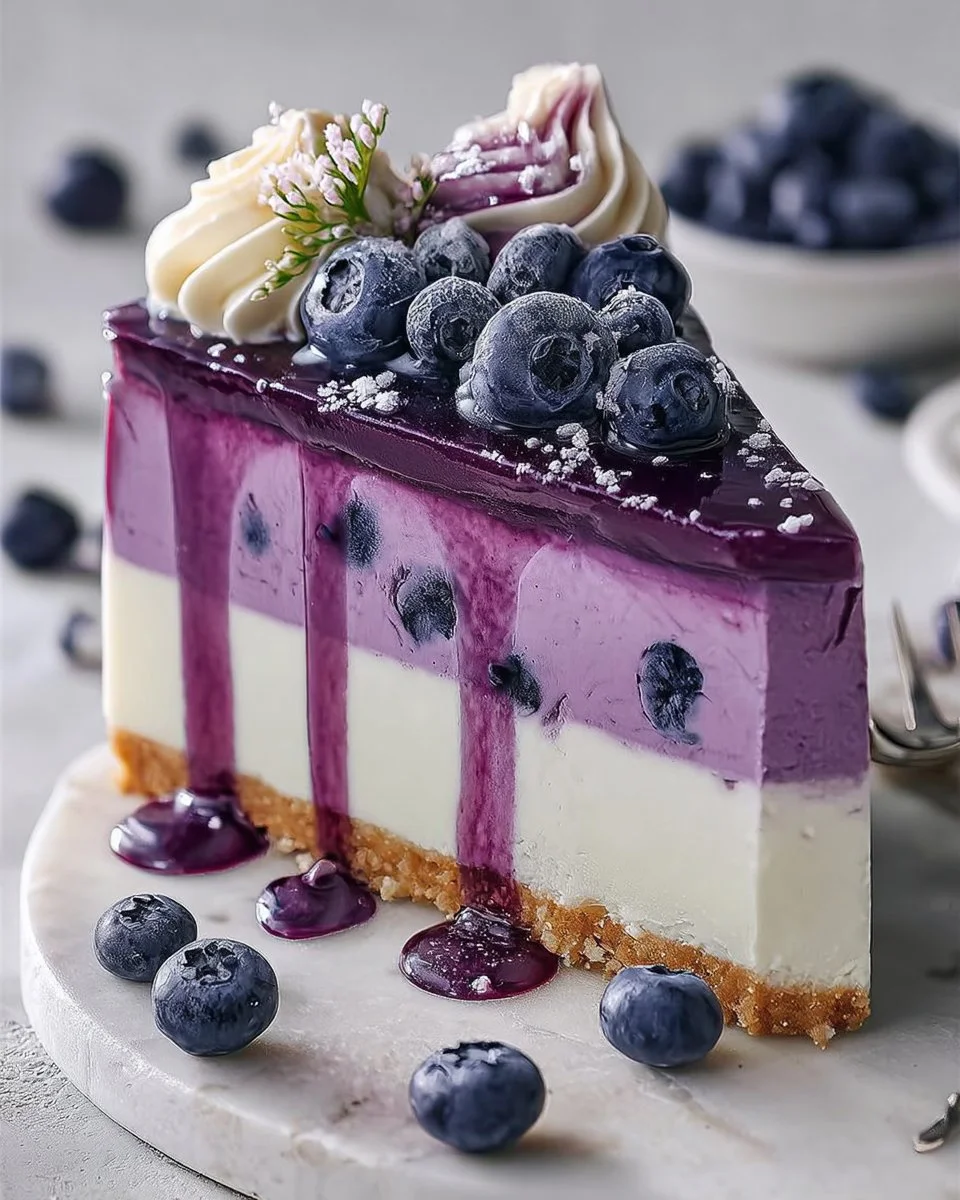 Slice of white chocolate blueberry cheesecake with fresh blueberries on top