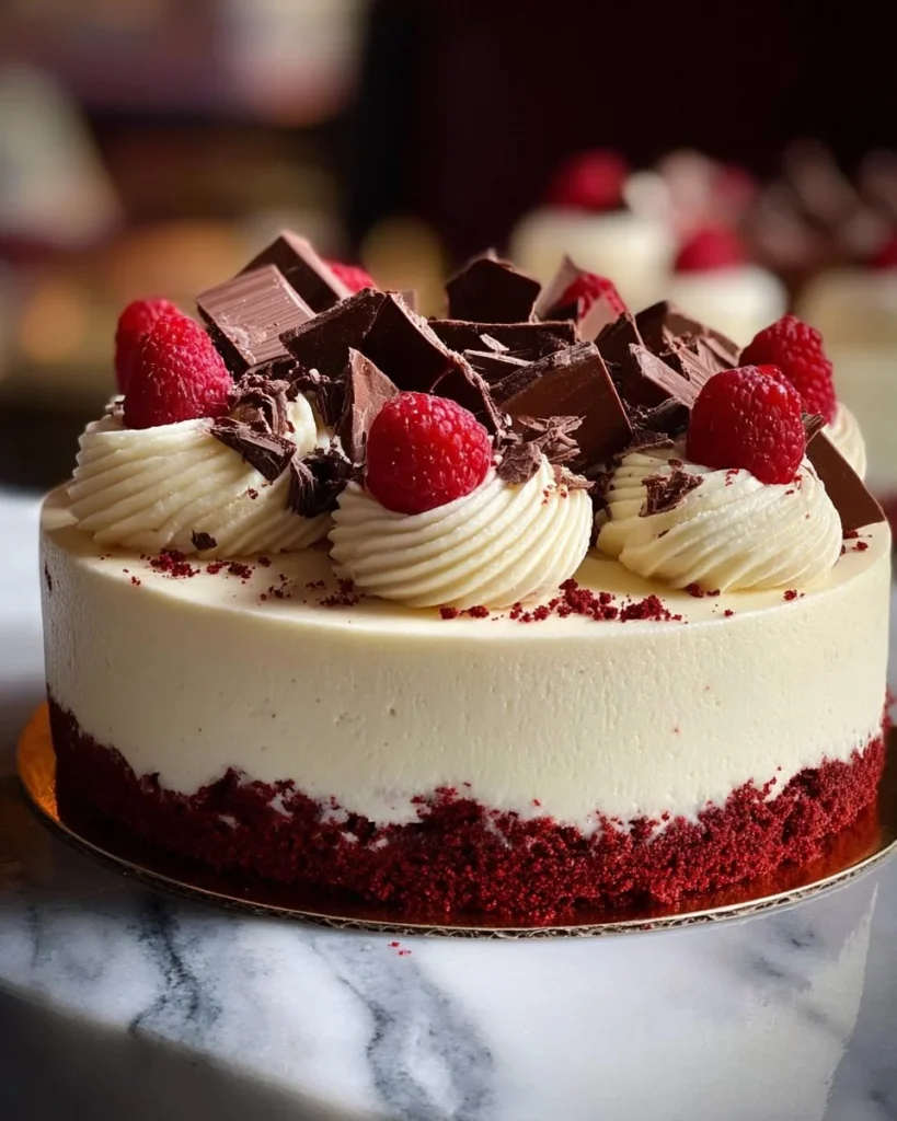 White chocolate cheesecake with red velvet crust presented on a dessert plate
