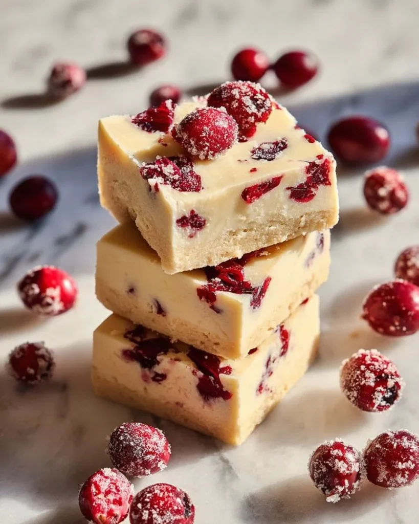 Delicious white chocolate cranberry cheesecake bars served on a plate.